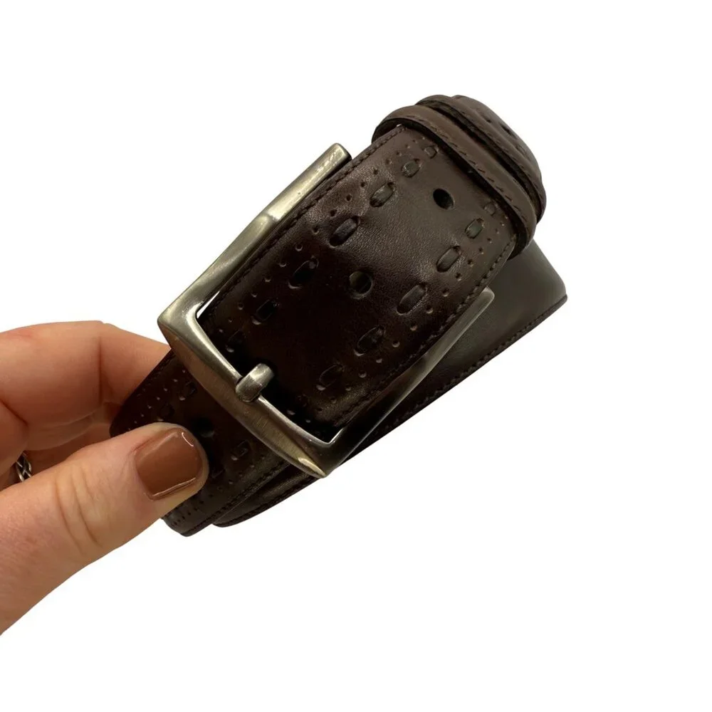 Mens Mezlan Dark Brown Leather Belt Pewter Tone Hardware‎ sz M 32 Spain